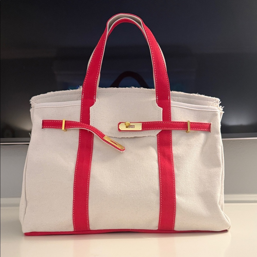 Canvas “Birken Style” Tote in raspberry pink and off white